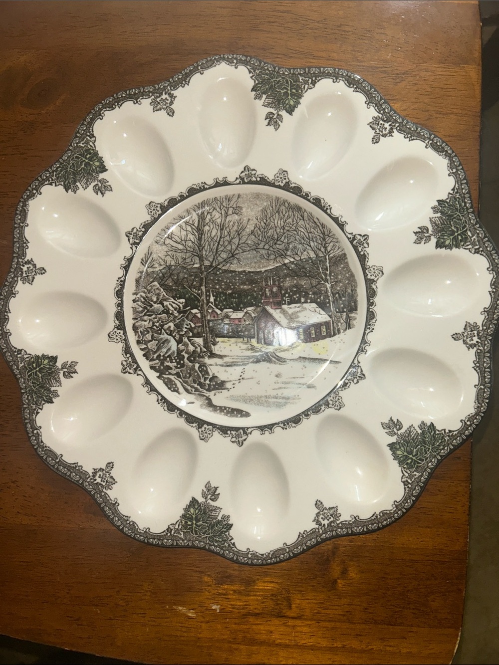 Johnson Bros. Winter Scene Ceramic Egg Platter - White with Green Accents